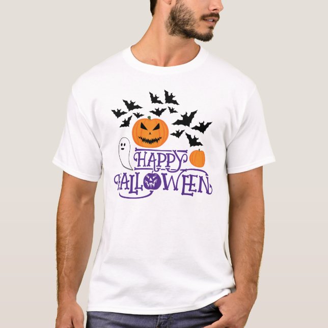 Happy Halloween Kürbis Gespenst Fledermäuse lila T T-Shirt (Vorderseite)
