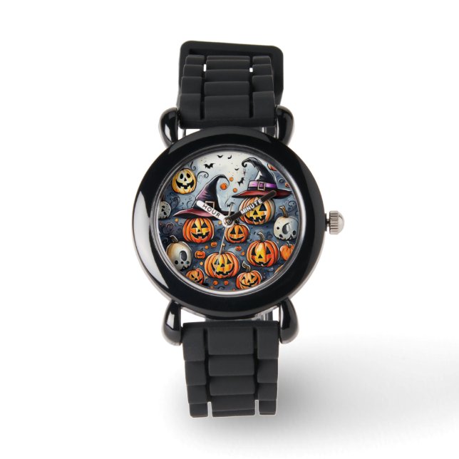 Happy Halloween Leckerei oder Tricks Design Armbanduhr (Vorderseite)