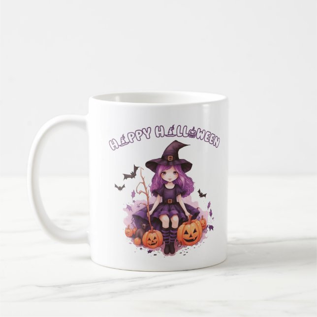 Happy Halloween Lila Hexenkürbis & Fledermäuse Kaffeetasse (Links)