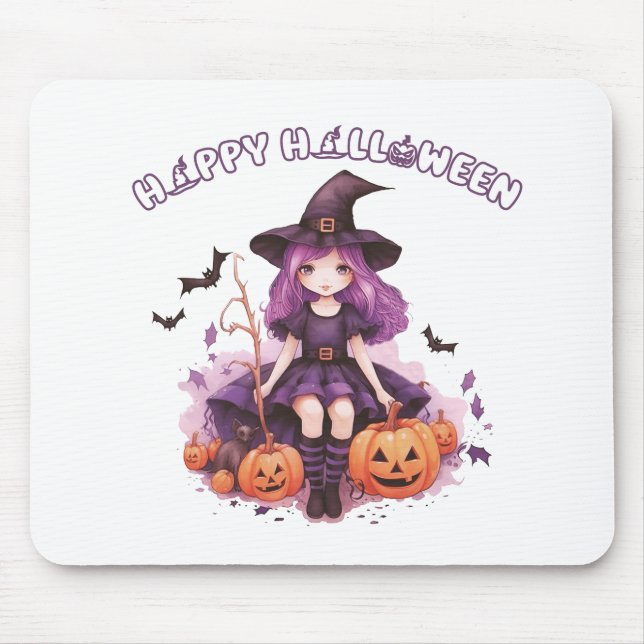 Happy Halloween Lila Hexenkürbis & Fledermäuse Mousepad (Vorne)