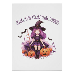 Happy Halloween Lila Hexenkürbis & Fledermäuse Poster