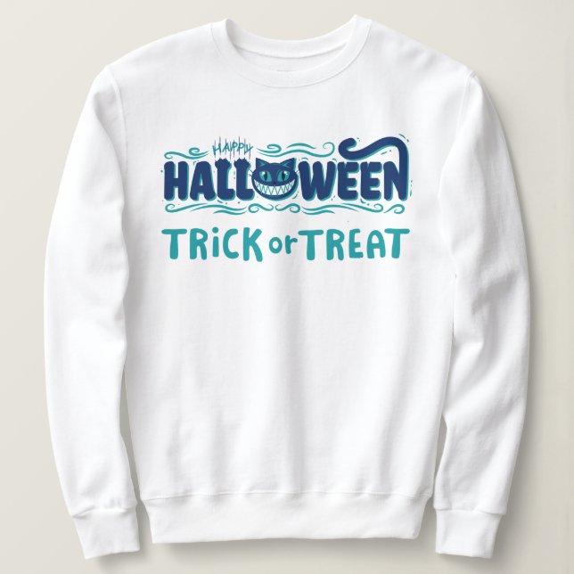 Happy Halloween mit Beängstigendem Katzengesicht Sweatshirt (Design vorne)