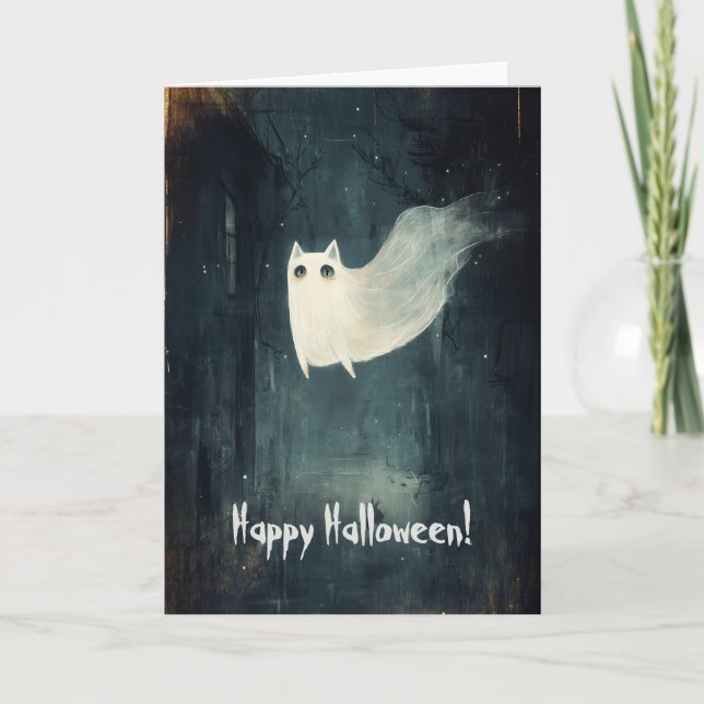 Happy Halloween mit Ghost Cat Flying Dankeskarte (Vorderseite)