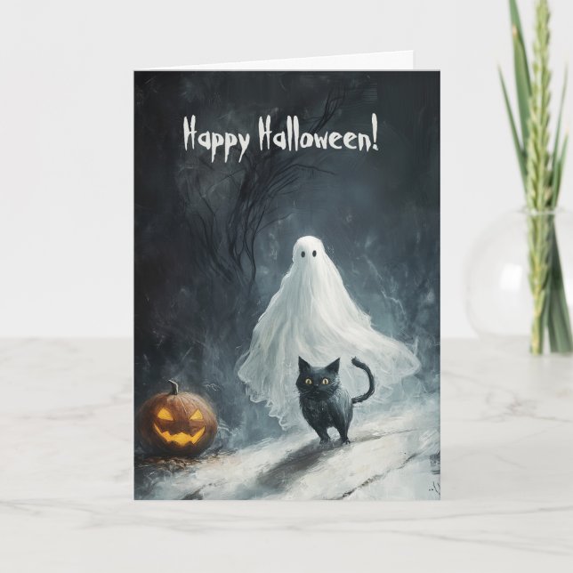 Happy Halloween mit Ghost und Cat Dankeskarte (Vorderseite)