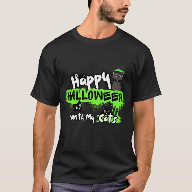 Happy Halloween mit meinen Katzen |Niedliches Schw T-Shirt (Vorderseite)