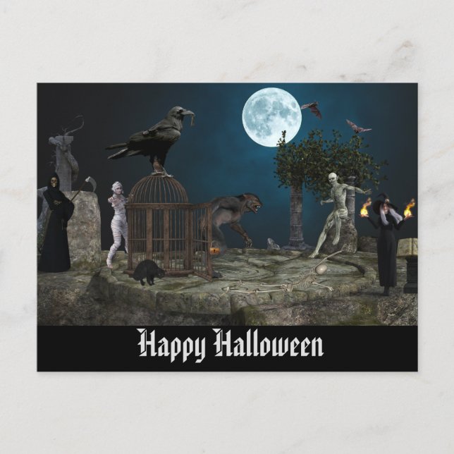 Happy Halloween Monster Szene Werewolf Zombie Postkarte (Vorderseite)