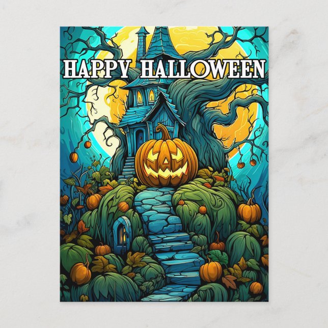 Happy Halloween Moon-Light Spuk House Postkarte (Vorderseite)