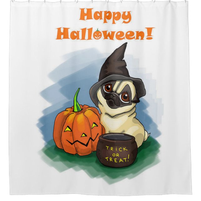 Happy Halloween Mops Duschvorhang (Vorderseite)