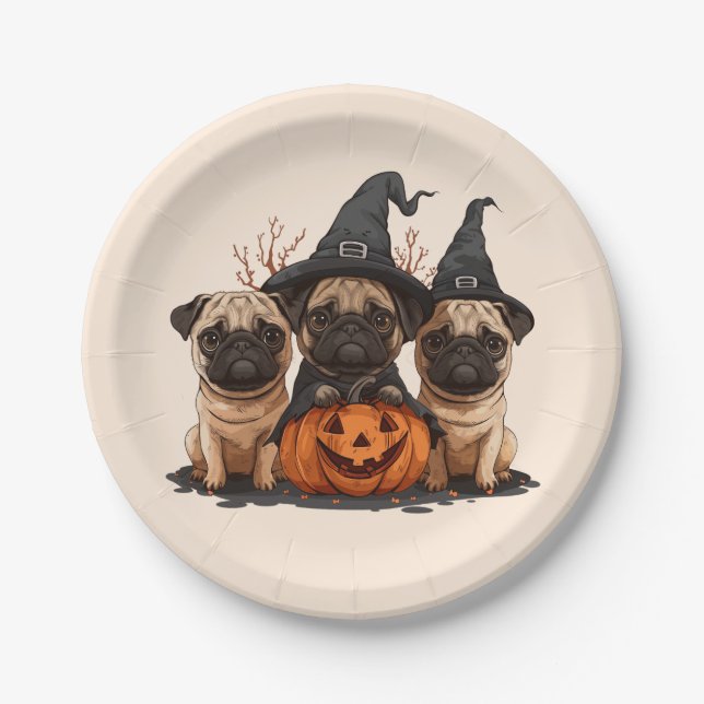Happy Halloween Mops Kürbislaternen Pappteller (Vorderseite)