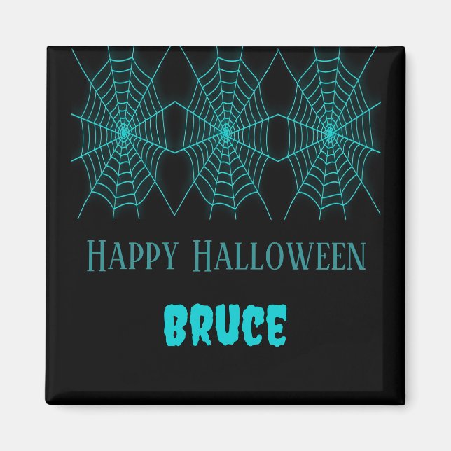 Happy Halloween Neon Blue Spiderweb schwarz Magnet (Vorne)