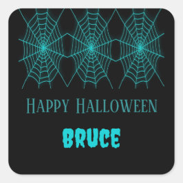 Happy Halloween Neon Blue Spiderweb schwarz Quadratischer Aufkleber