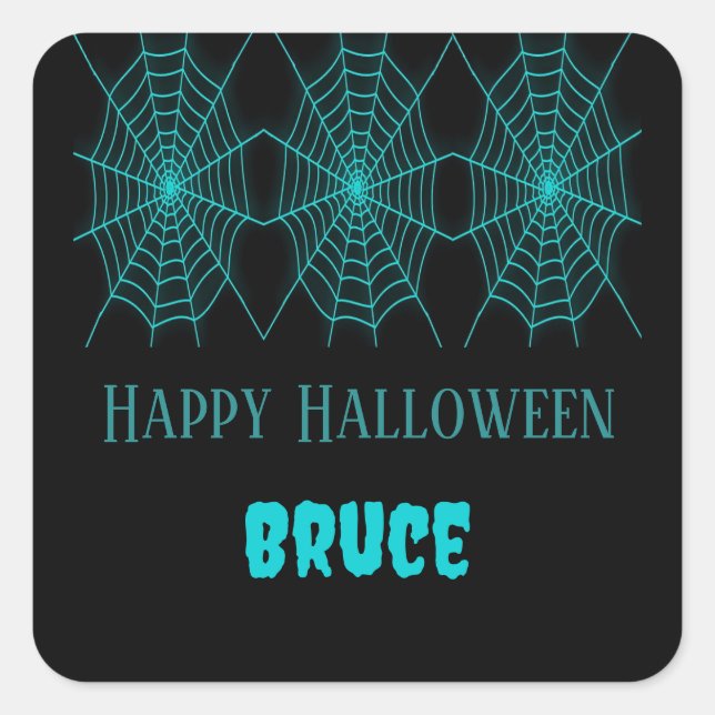 Happy Halloween Neon Blue Spiderweb schwarz Quadratischer Aufkleber (Vorderseite)