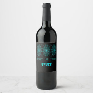 Happy Halloween Neon Blue Spiderweb schwarz Weinetikett