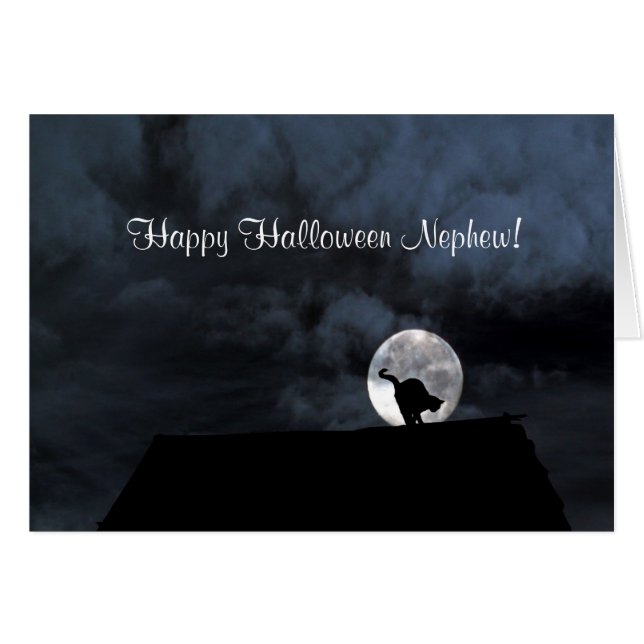 Happy Halloween Nephew Cat and Moon Card (Vorderseite (Horizontal))