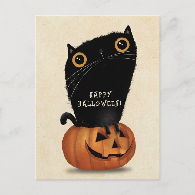 Happy Halloween Niedlich Black Cat Pumpkin Postkarte (Vorderseite)