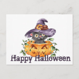 Happy Halloween Niedlich Black Cat, Pumpkin und Hu Postkarte