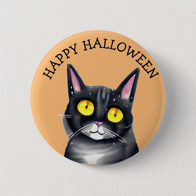Happy Halloween Niedlich Black Cat Yellow Eyes Button (Vorderseite)