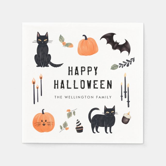 Happy Halloween Niedlich Cat Pumpkin Bat Serviette (Vorderseite)
