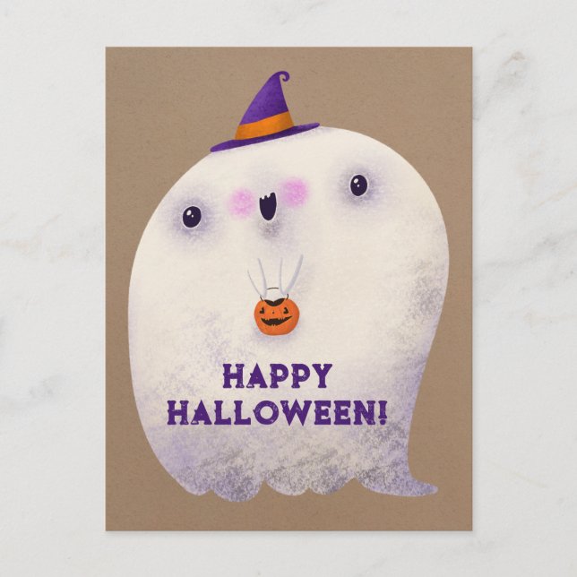 Happy Halloween Niedlich Ghost Trick oder Treat Postkarte (Vorderseite)