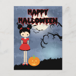 Happy Halloween Niedlich Hexe in Rot mit Kürbis Postkarte
