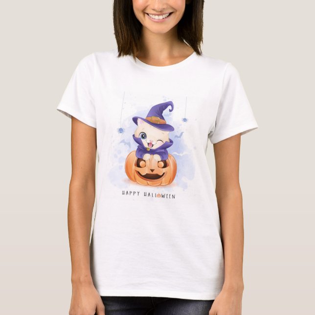 Happy Halloween Niedlich Hexe Kitty T-Shirt (Vorderseite)