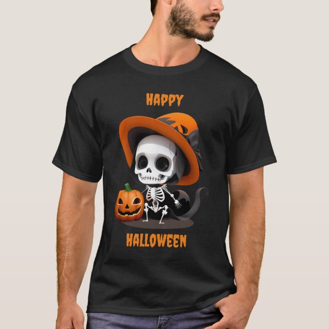 Happy Halloween Niedlich Kawaii Skeleton & Pumpkin T-Shirt (Vorderseite)