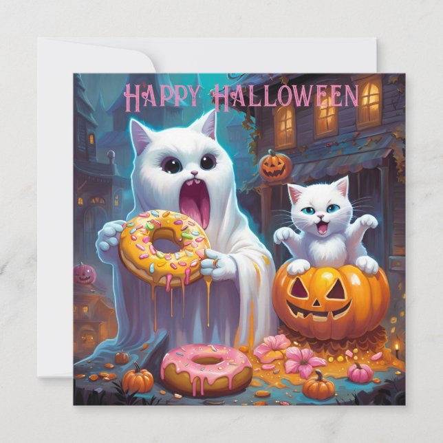 Happy Halloween - Niedlich Kitten und Ghost essen  (Vorderseite)