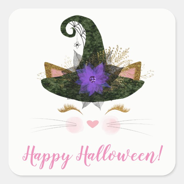 Happy Halloween Niedlich Kitty Hexe Siegel Quadratischer Aufkleber (Vorderseite)