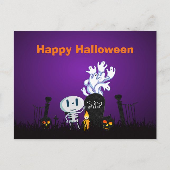 Happy Halloween Niedlich Skelett und Geister Postkarte (Vorderseite)