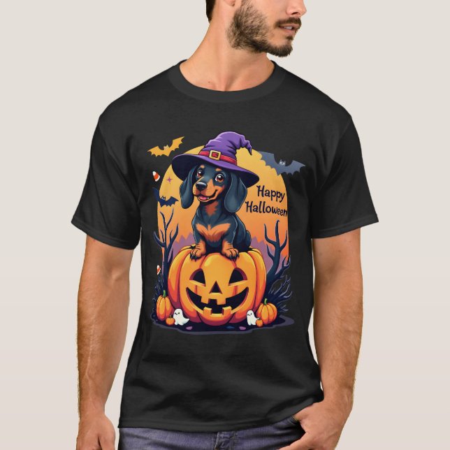 Happy Halloween Niedliche Dackel in Hexenhut T-Shirt (Vorderseite)