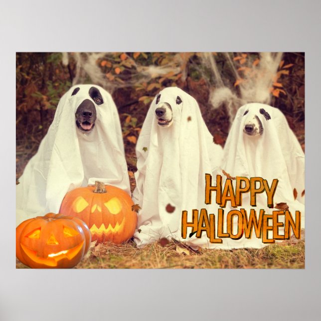 Happy Halloween Niedliche Hunde in Geisterkostümen Poster (Vorne)