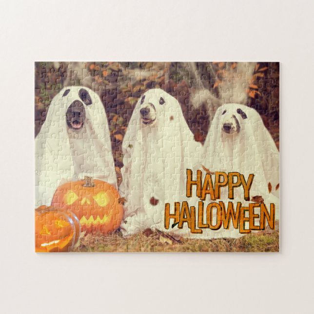 Happy Halloween Niedliche Hunde in Geisterkostümen Puzzle (Horizontal)