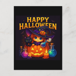 Happy Halloween Niedliche Katze Hexentränke Postka Einladungspostkarte