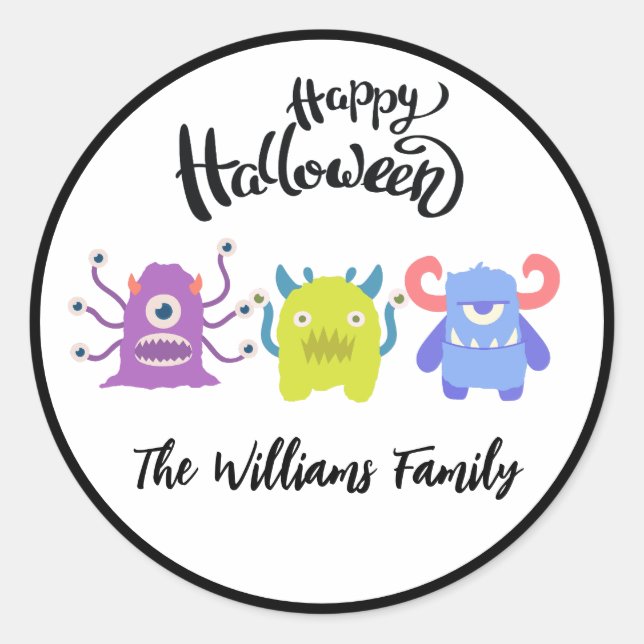 Happy Halloween Niedliche Monster Familienname Runder Aufkleber (Vorderseite)