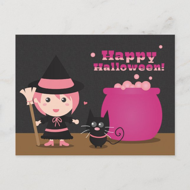 Happy Halloween, Niedliche Rosa Hexe und Schwarze  Postkarte (Vorderseite)