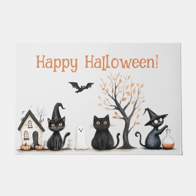 "Happy Halloween" Niedliche Schwarze Katzen Fußmatte (Vorderseite)