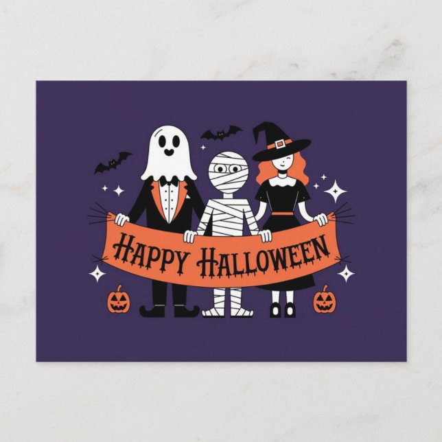Happy Halloween | Niedlicher Geist, Mama und Hexe Postkarte (Vorderseite)