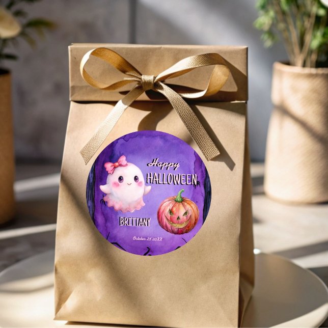 Happy Halloween niedlicher rosa Geist Runder Aufkleber (Happy Halloween cute pink ghost jack-o-lantern purple Halloween Sticker)