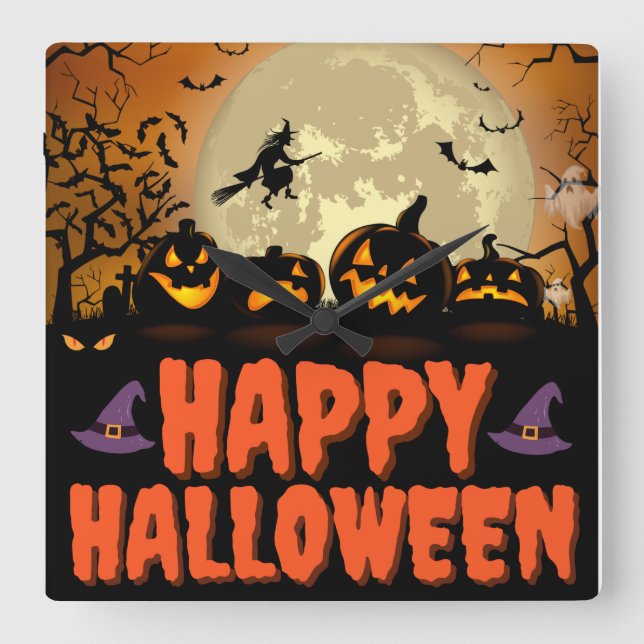Happy Halloween Night Square Wall Clock Quadratische Wanduhr (Vorderseite)