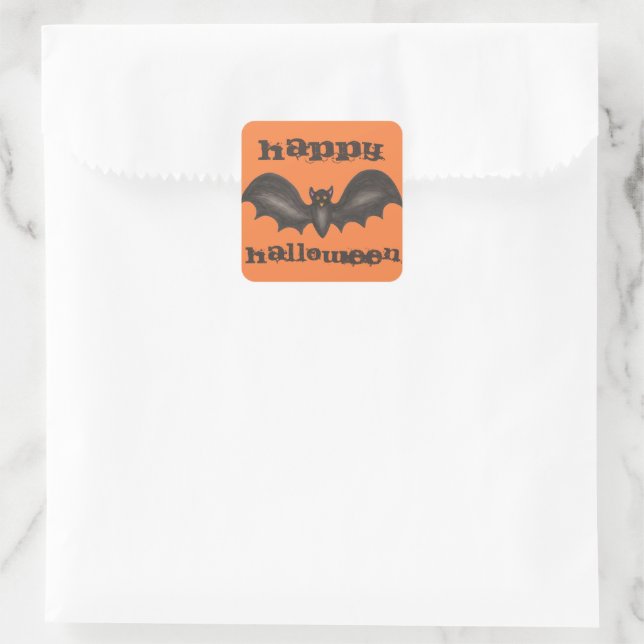 Happy Halloween Orange Black Bat Trick oder Treat Quadratischer Aufkleber (Tasche)