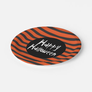 Happy Halloween Orange Black Striped Spooky Schrif Pappteller