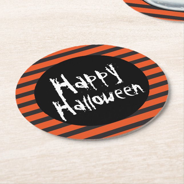 Happy Halloween Orange Black Striped Spooky Schrif Runder Pappuntersetzer (Angewinkelt)