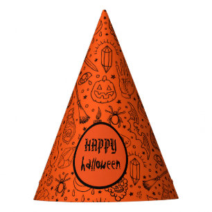 Happy Halloween Orange Doodle Pattern Partyhütchen