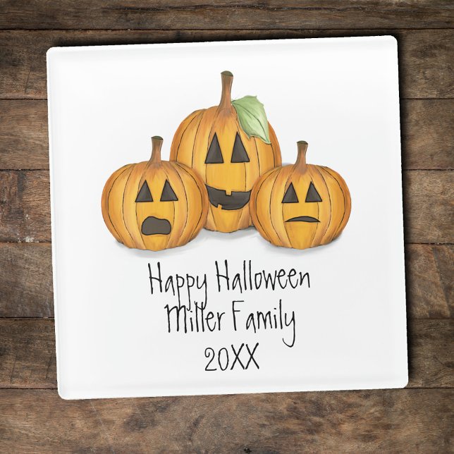 Happy Halloween Orange Pumpkins Custom Glasuntersetzer (Happy Halloween Custom Glass Coaster.)