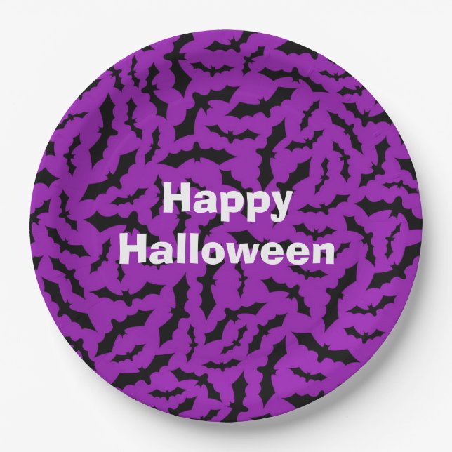 Happy Halloween Party Lila Bat Pappteller (Vorderseite)