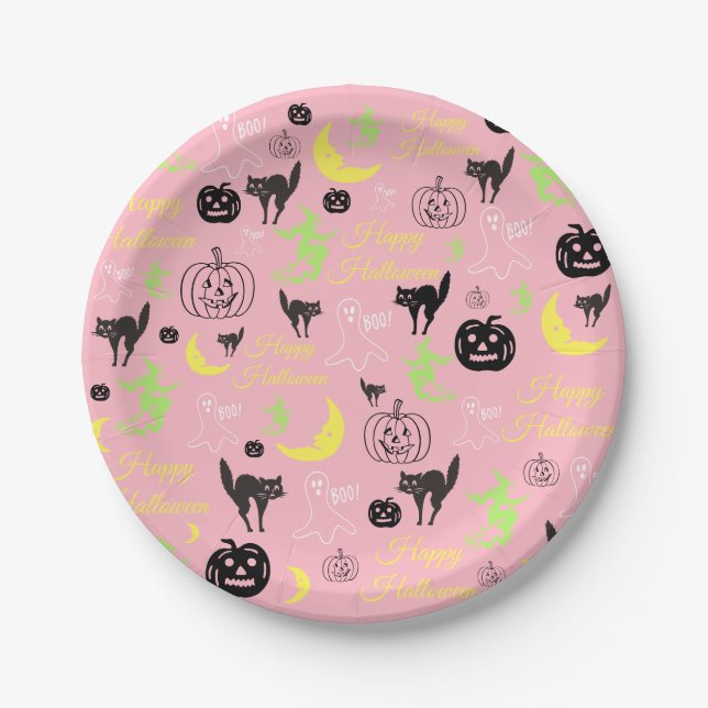 Happy Halloween Pattern Pink Pappteller (Vorderseite)