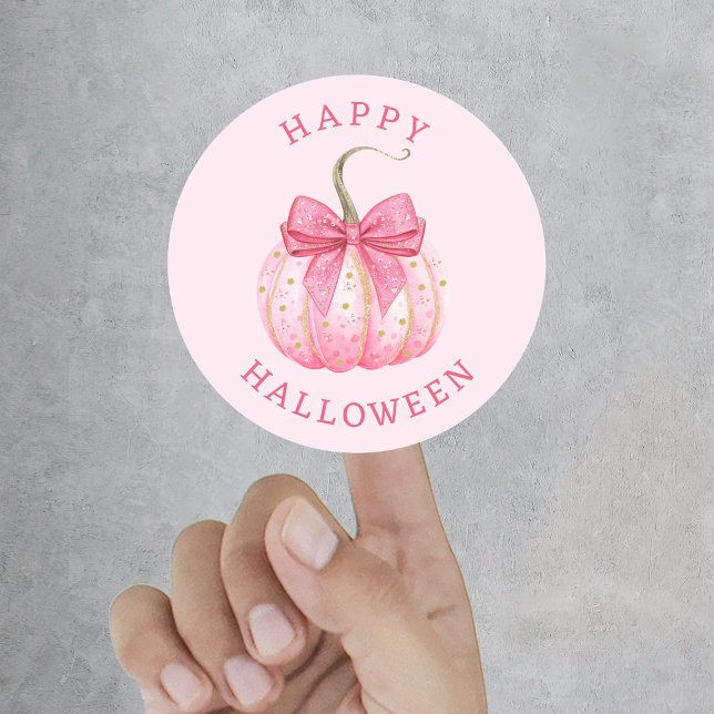 Happy Halloween Pink Coquette Bow Pumpkin Runder Aufkleber (Happy Halloween Pink Coquette Bow Pumpkin Classic Round Sticker
)