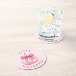 Happy Halloween Pink Coquette Bow Pumpkin Runder Pappuntersetzer