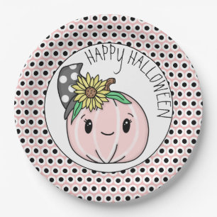 Happy Halloween   Pink Pumpkin and Polka Dots Pappteller