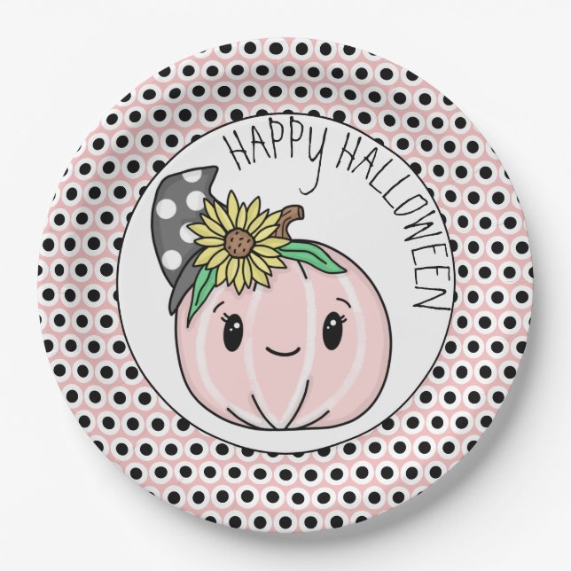 Happy Halloween | Pink Pumpkin and Polka Dots Pappteller (Vorderseite)